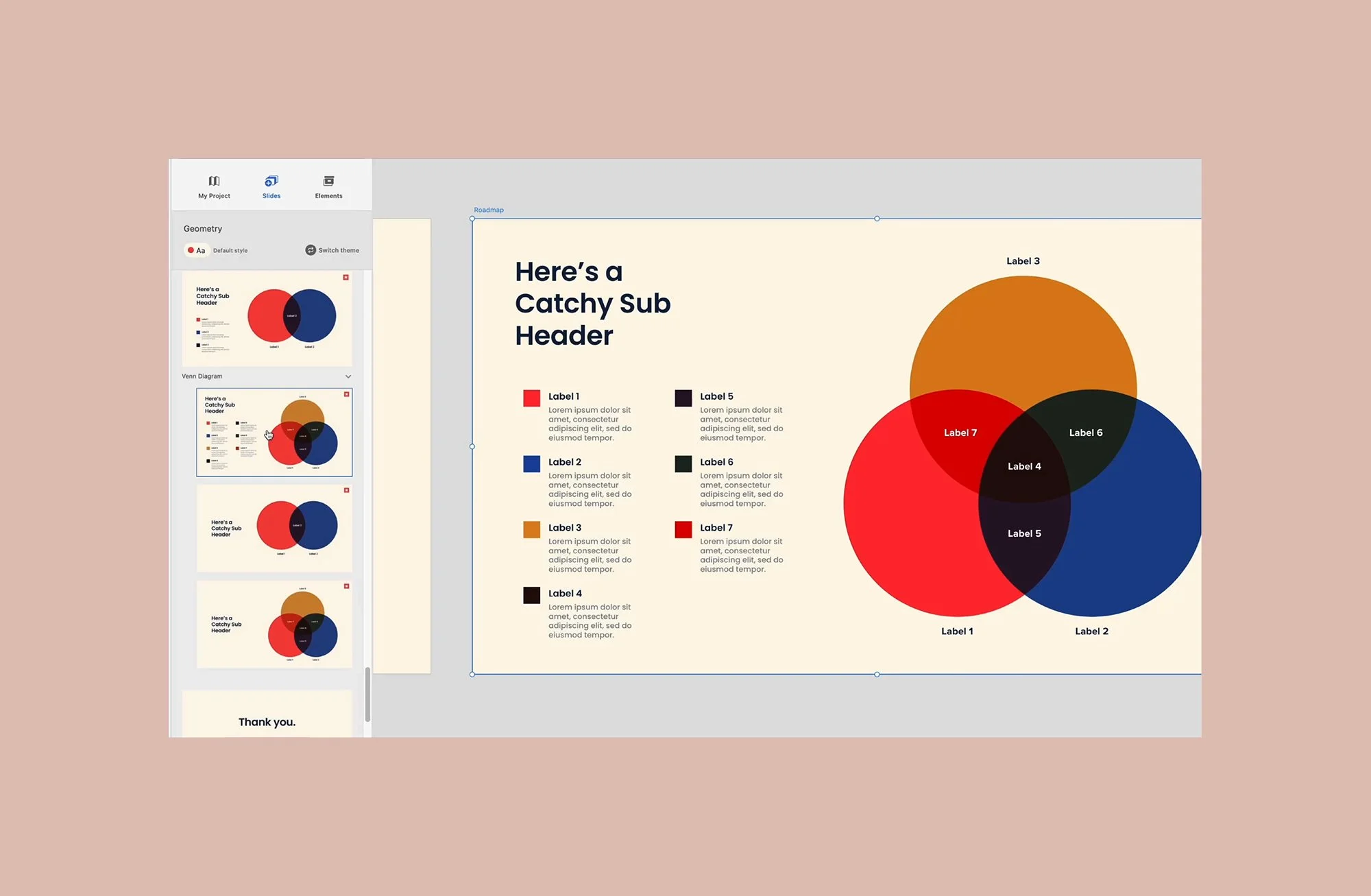 Adobe XD presentation-slides plugin showing a Venn diagram template being applied to a slide titled 'Here's a Catchy Sub Header.'