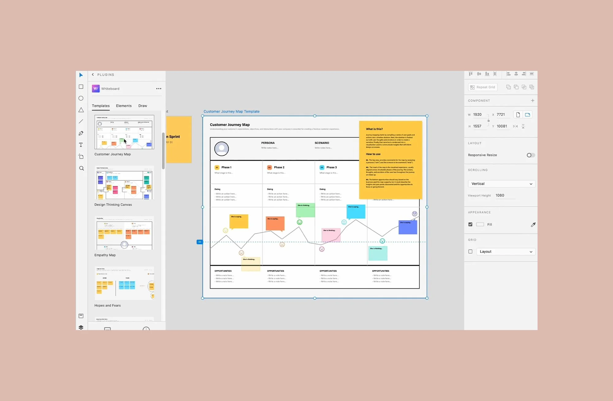 Adobe XD Whiteboard plugin panel showing Customer Journey Map, Design Thinking Canvas, and Empathy Map templates, with a customer journey map open on the canvas.