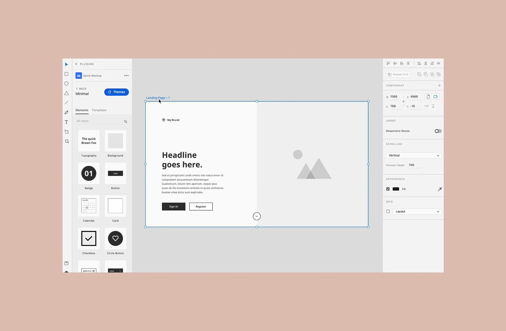 Adobe XD Quick Mockup plugin panel with reusable UI elements like buttons, cards, and badges, applied to a landing page layout with a headline and sign-in buttons.