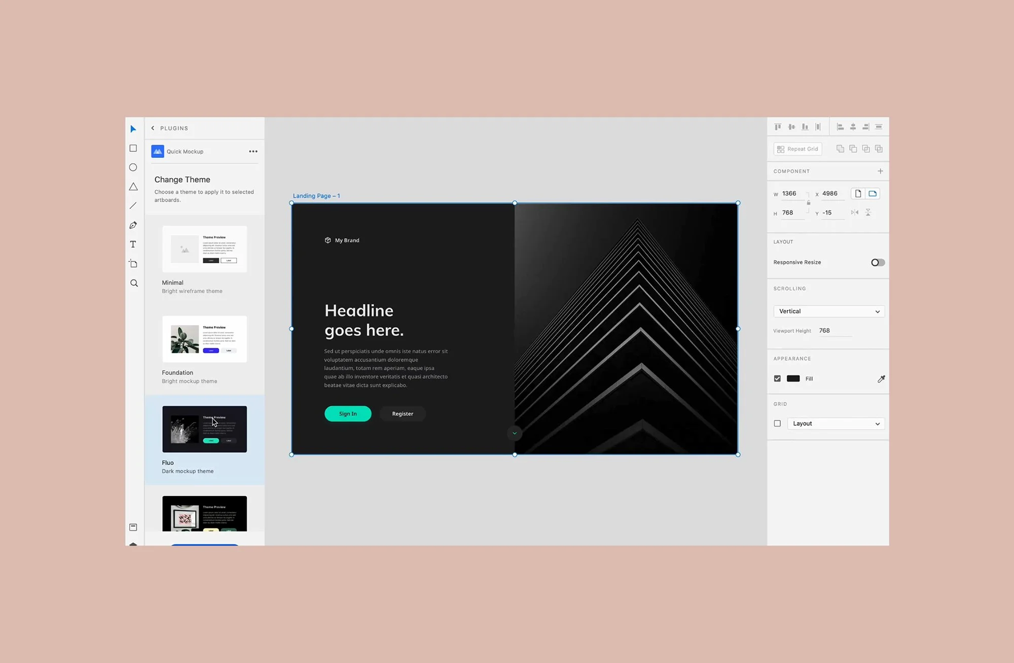 Adobe XDの「Quick Mockup」プラグインの「テーマ変更」パネル。ランディングページにダークな「Fluo」テーマを適用している画面。