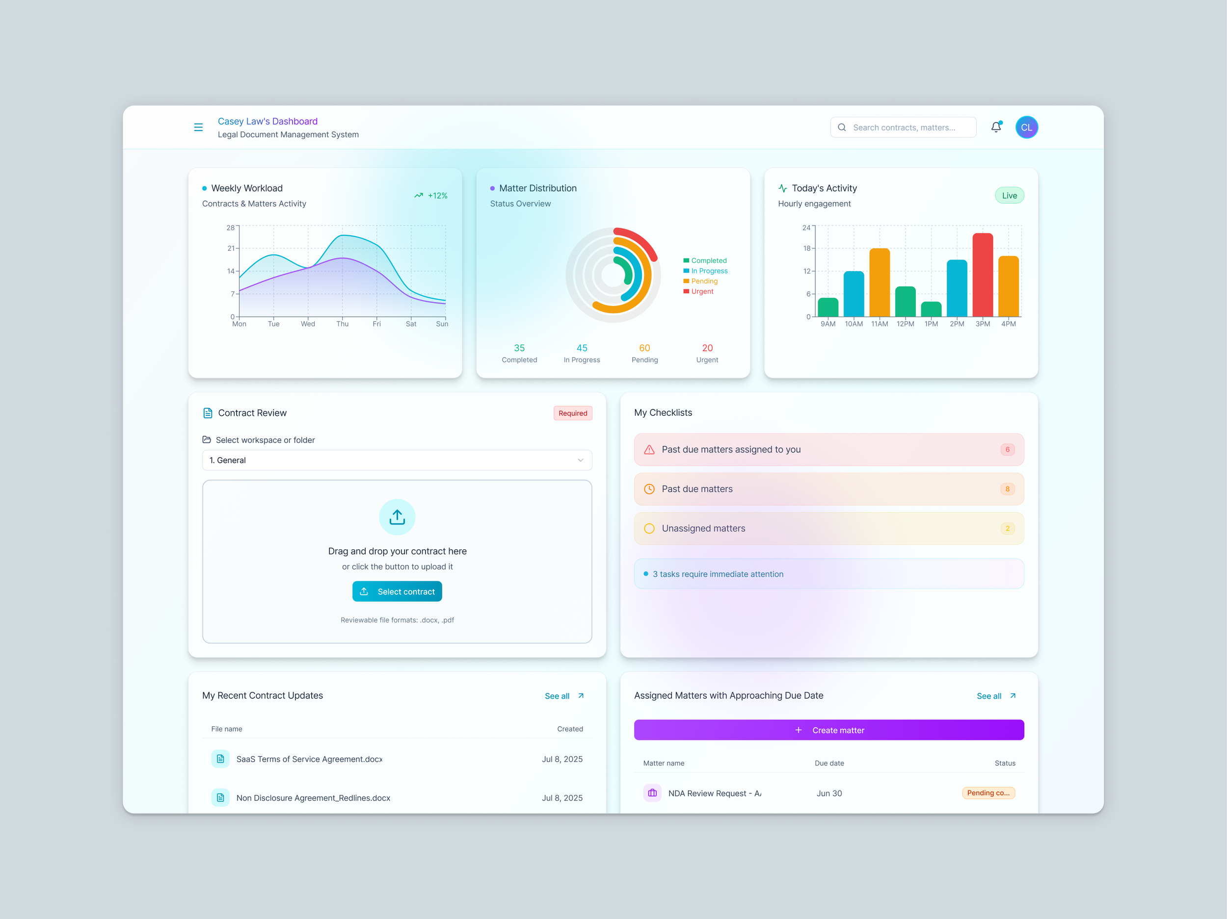 LegalOn product dashboard: legal matter and contract management interface