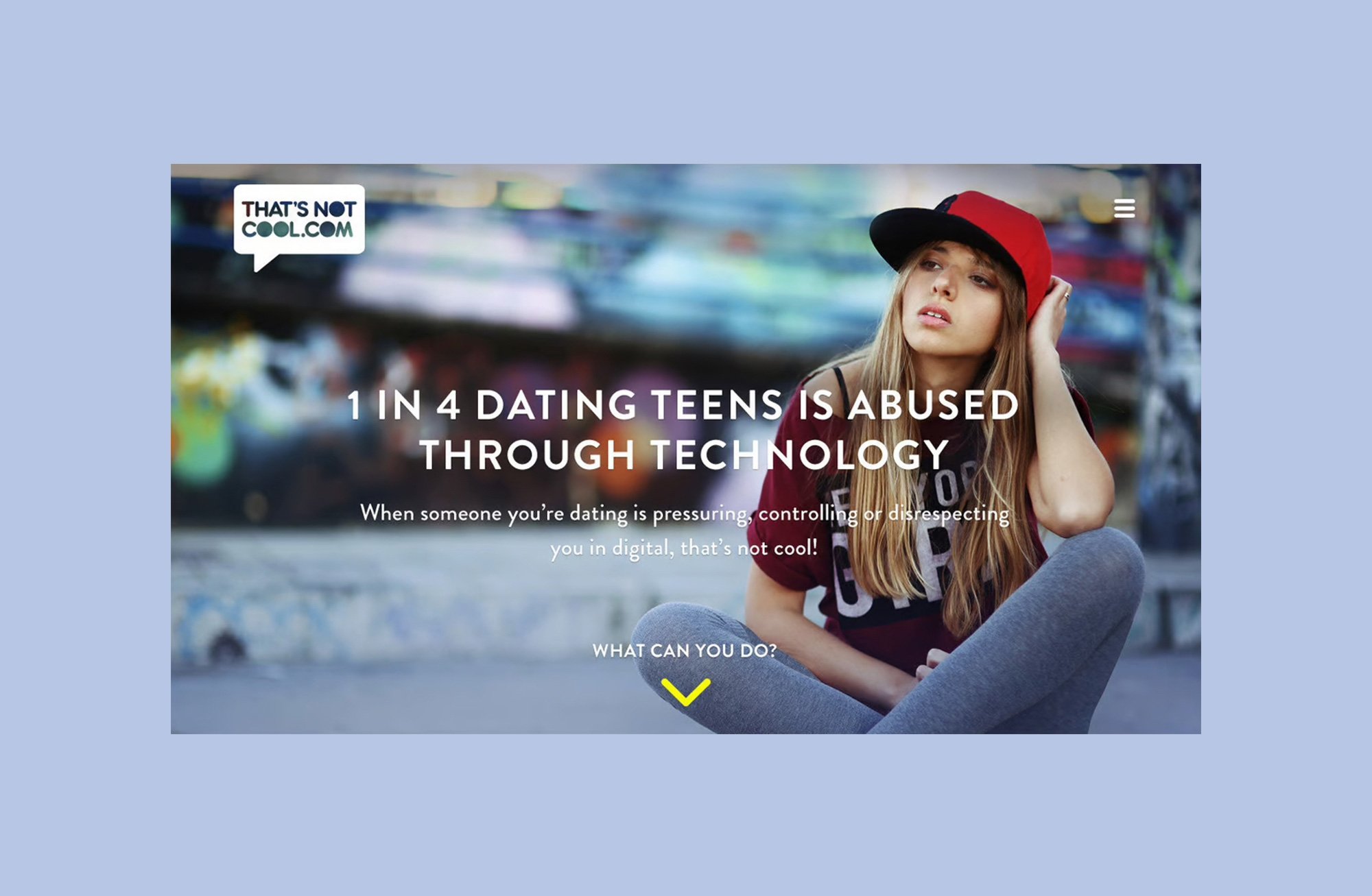 ThatsNotCool.com homepage with a teen in a red cap and the headline '1 in 4 dating teens is abused through technology.'
