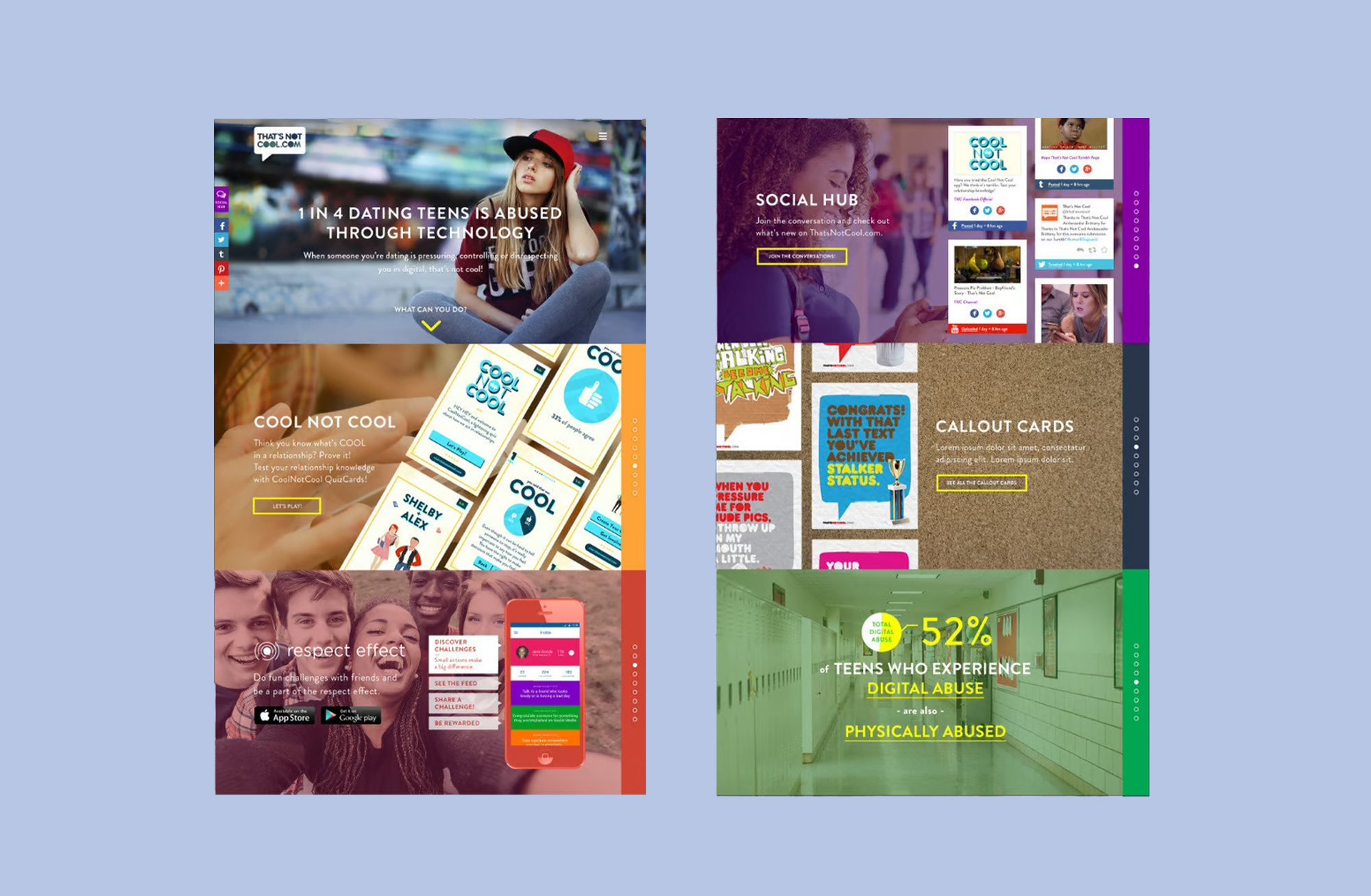 Site sections including the Cool Not Cool relationship quiz, the Respect Effect app, a social media hub, shareable Callout Cards, and a statistic on teens who experience both digital and physical abuse.