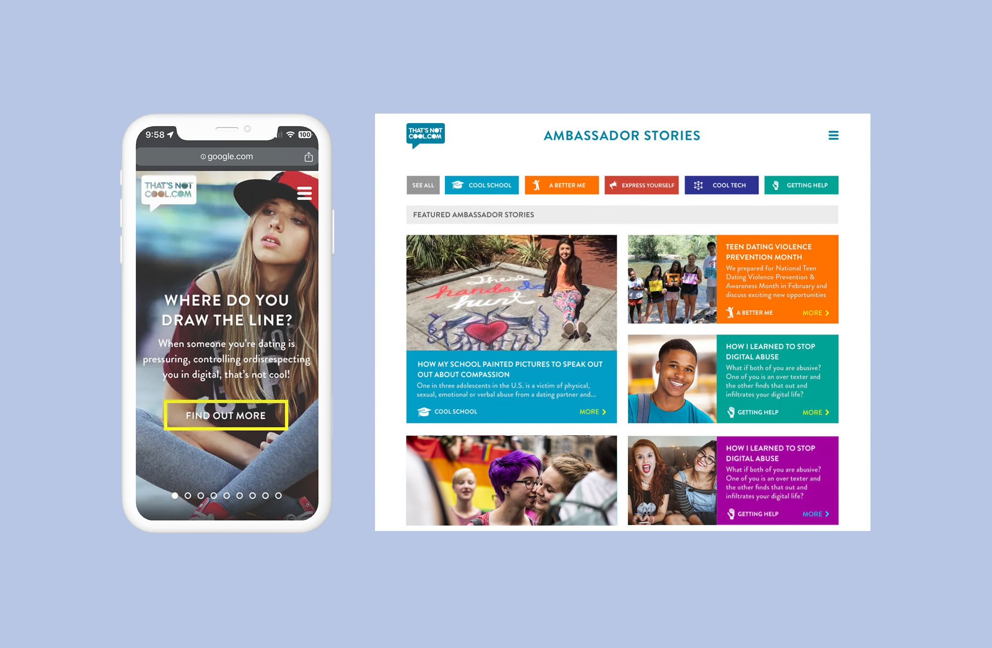 Mobile 'Where Do You Draw the Line?' landing page next to the Ambassador Stories section, with stories tagged Cool School, A Better Me, Express Yourself, Cool Tech, and Getting Help.