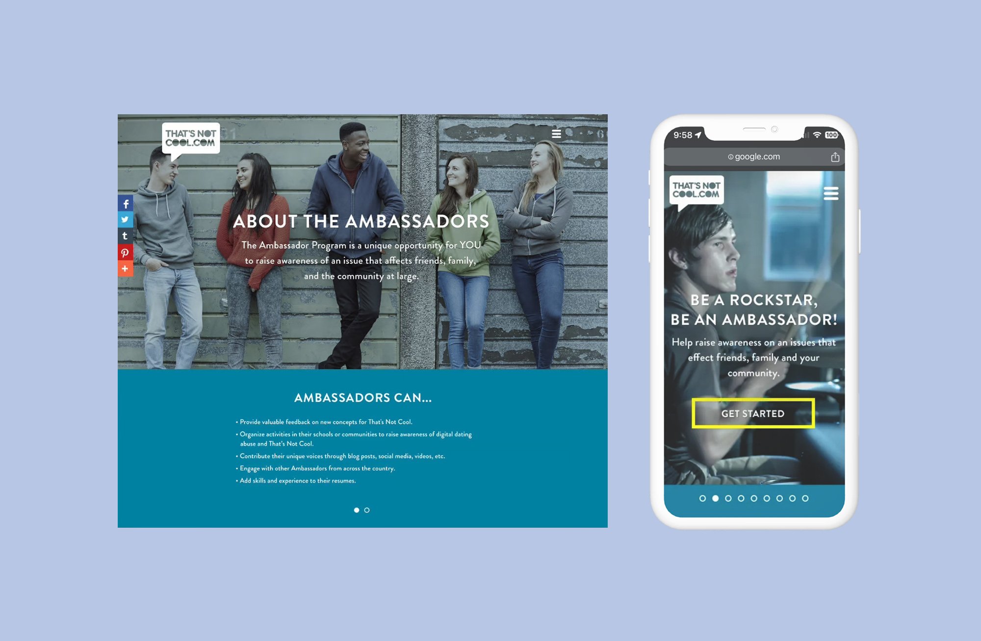 About the Ambassadors page introducing five teen ambassadors, next to a mobile 'Be a Rockstar, Be an Ambassador' recruitment screen.