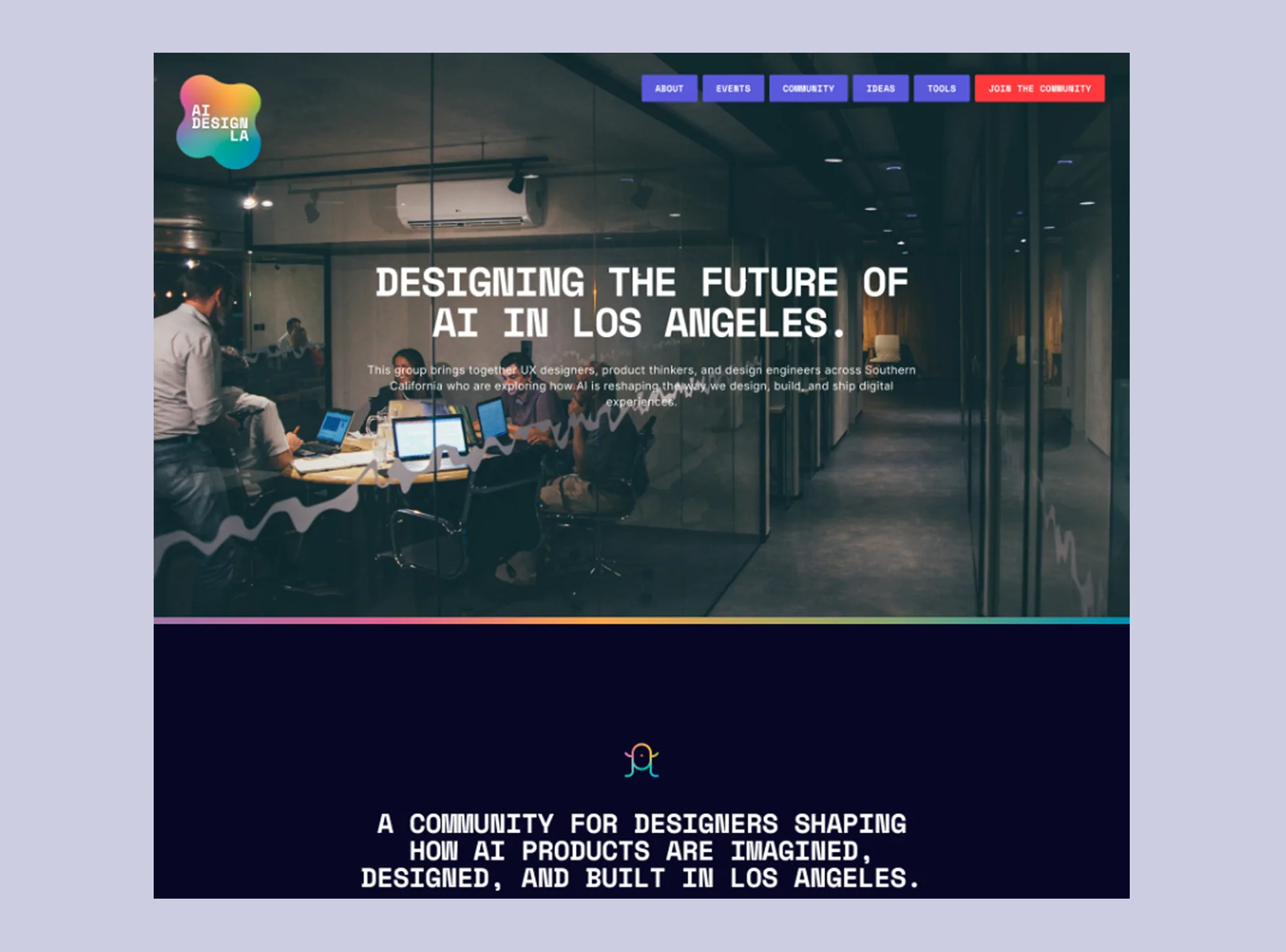 The AI Design LA homepage on a desktop browser, with the headline "Designing the future of AI in Los Angeles" over a photo of designers working around a table.