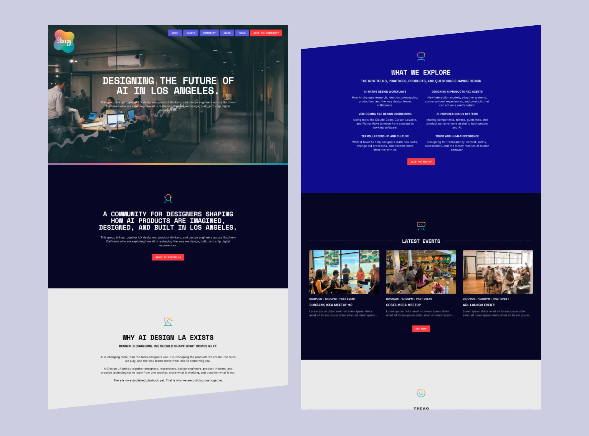 Long-scroll view of the AI Design LA homepage, showing the hero, an introduction to the community, the topics it explores, and a row of recent events.