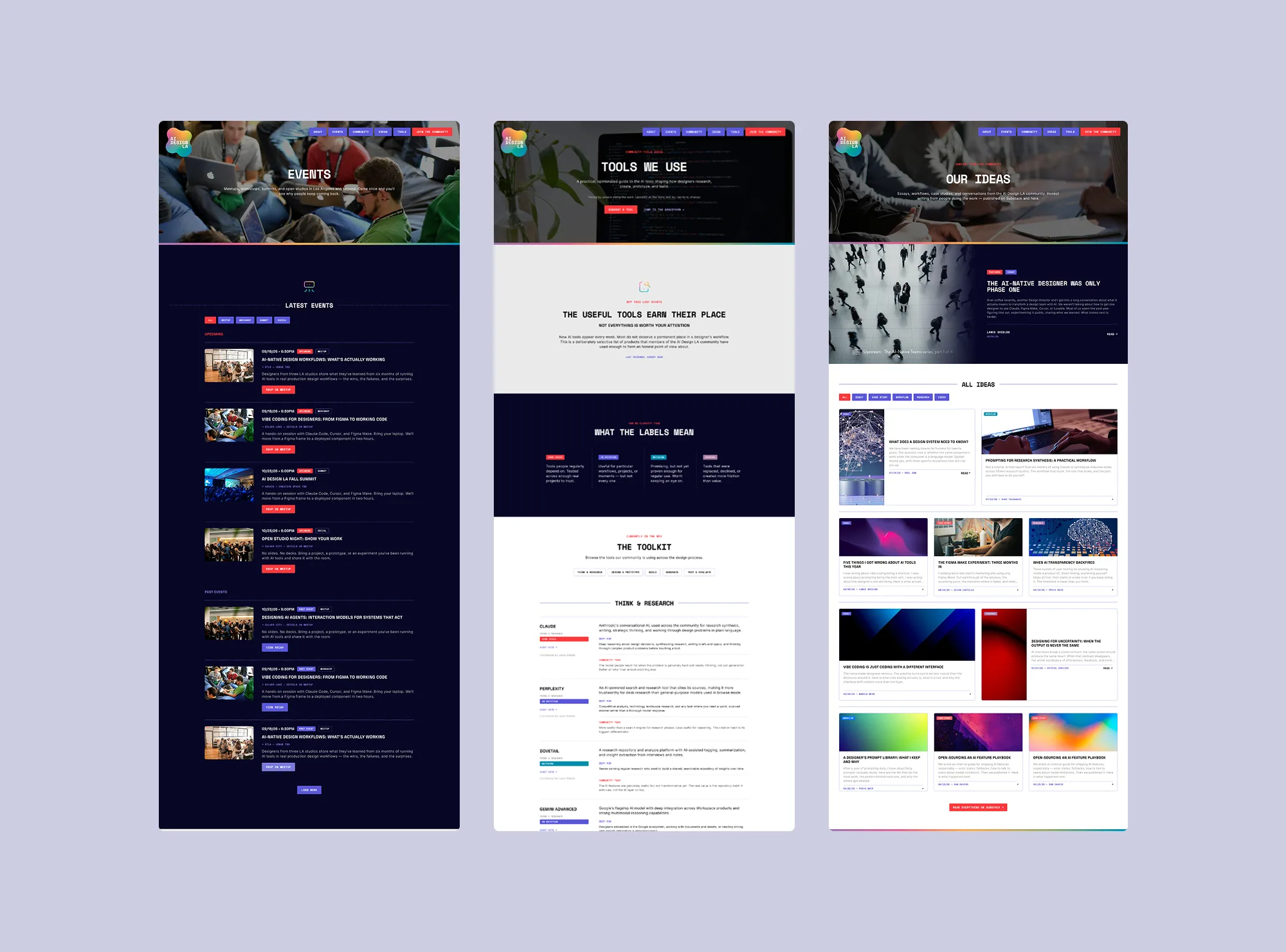 Three AI Design LA pages side by side: Events with a list of upcoming gatherings, Tools We Use with a curated toolkit, and Ideas with a grid of featured essays.