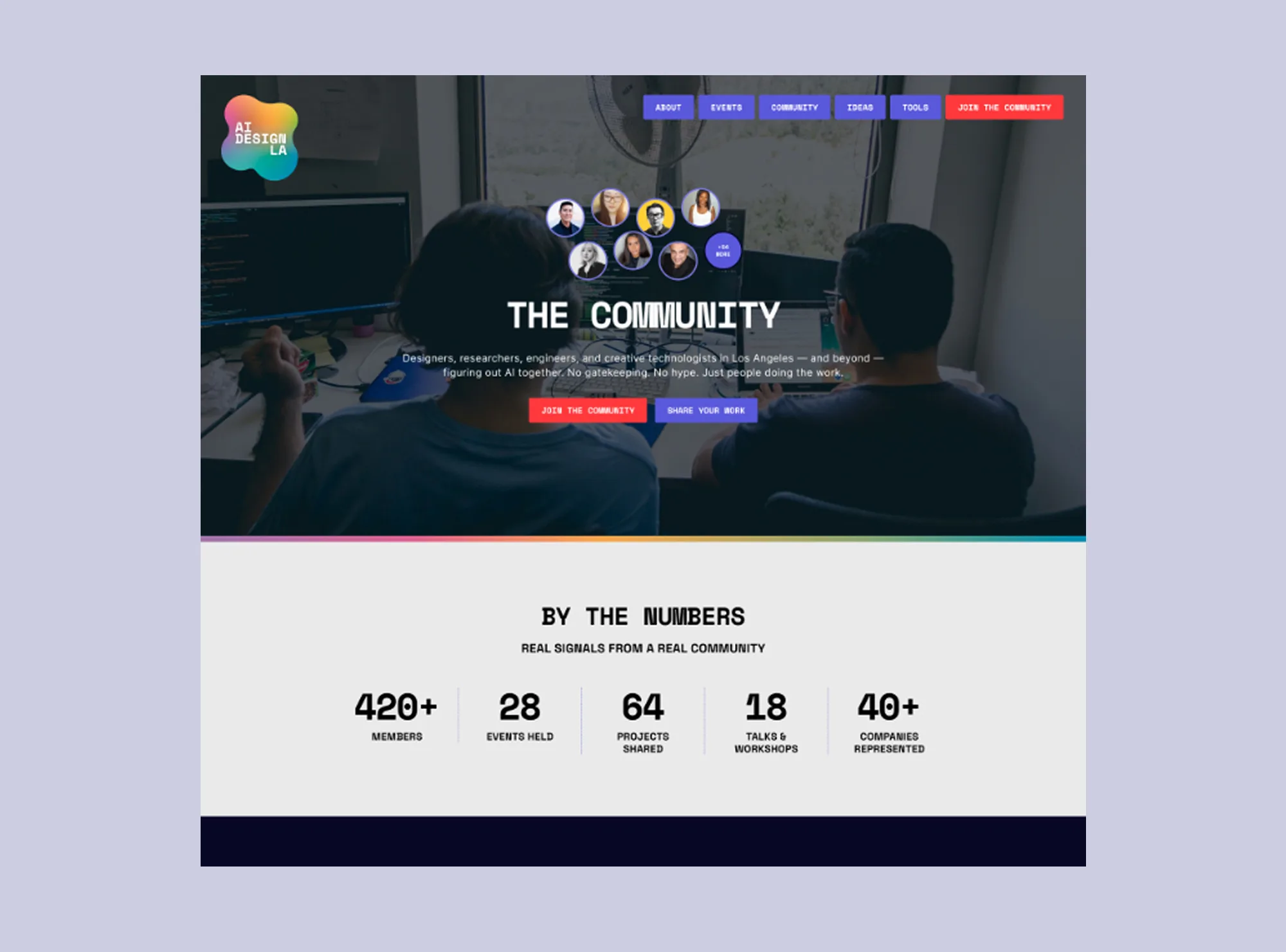 The AI Design LA Community page, with a row of member avatars above the headline and a band of community statistics.