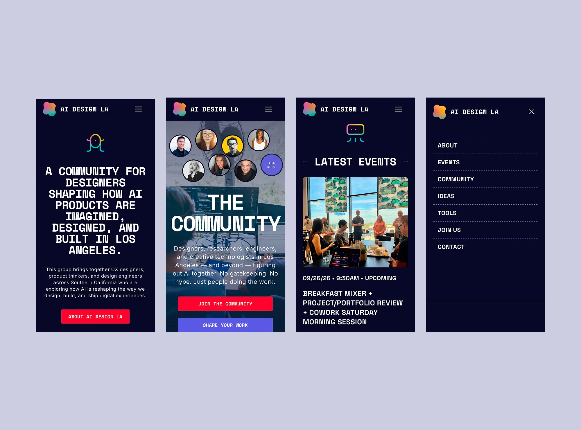 Four AI Design LA mobile screens: the homepage introduction, the community page, the latest events list, and the navigation menu.