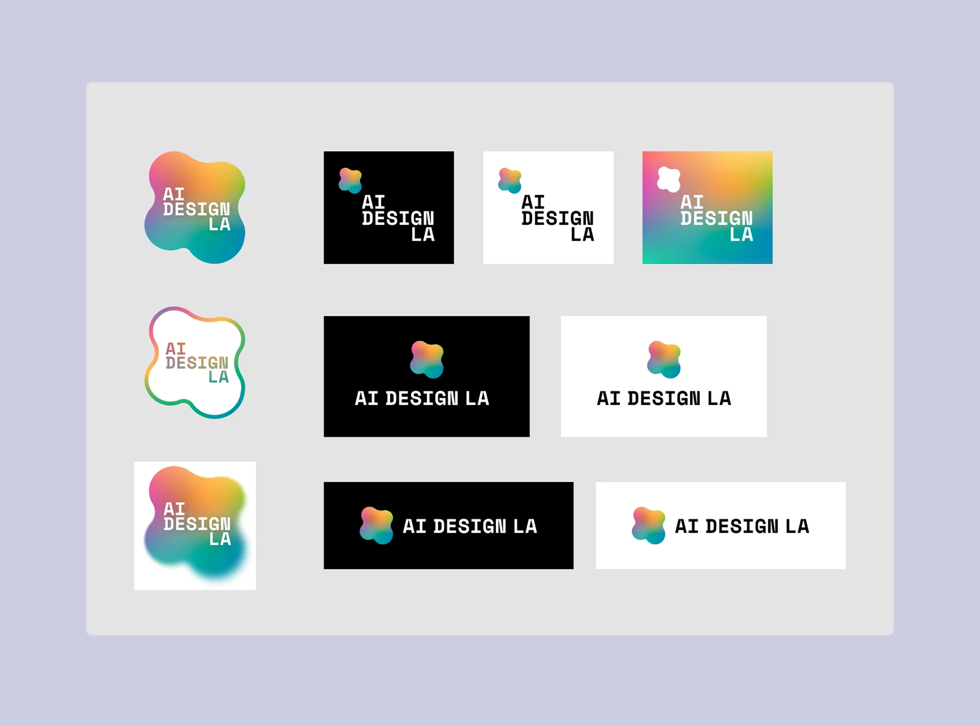 AI Design LA logo system, with a gradient blob mark in badge, outlined, and stacked versions on dark, light, and gradient backgrounds.