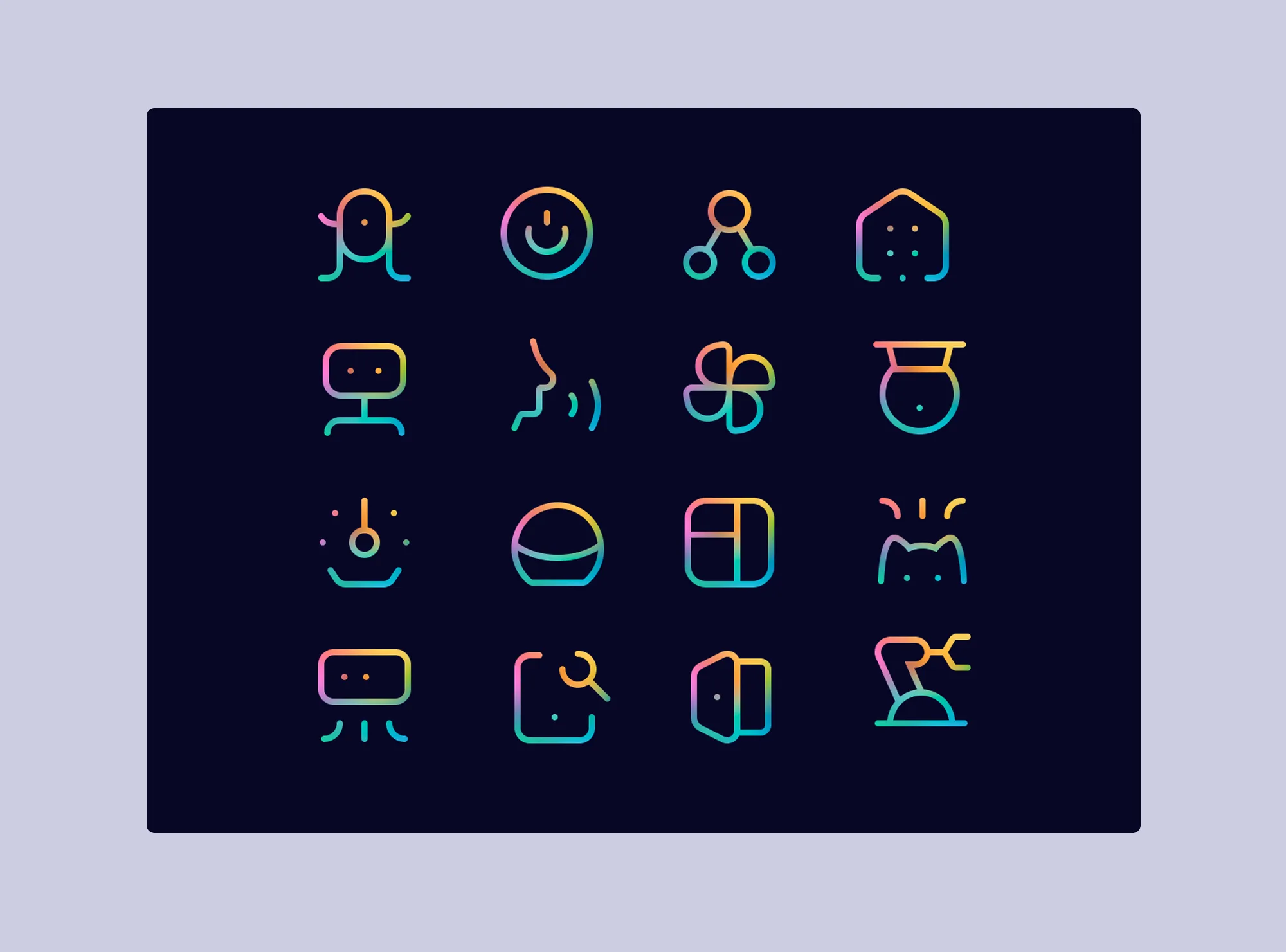 A set of sixteen gradient line icons used throughout the AI Design LA site, on a dark background.
