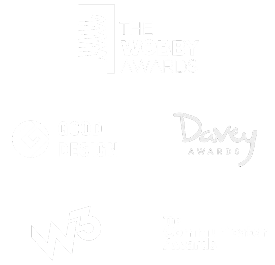 Logos: The Webby Awards, Good Design Award, Davey Awards, W3 Award, The Communicator Awards