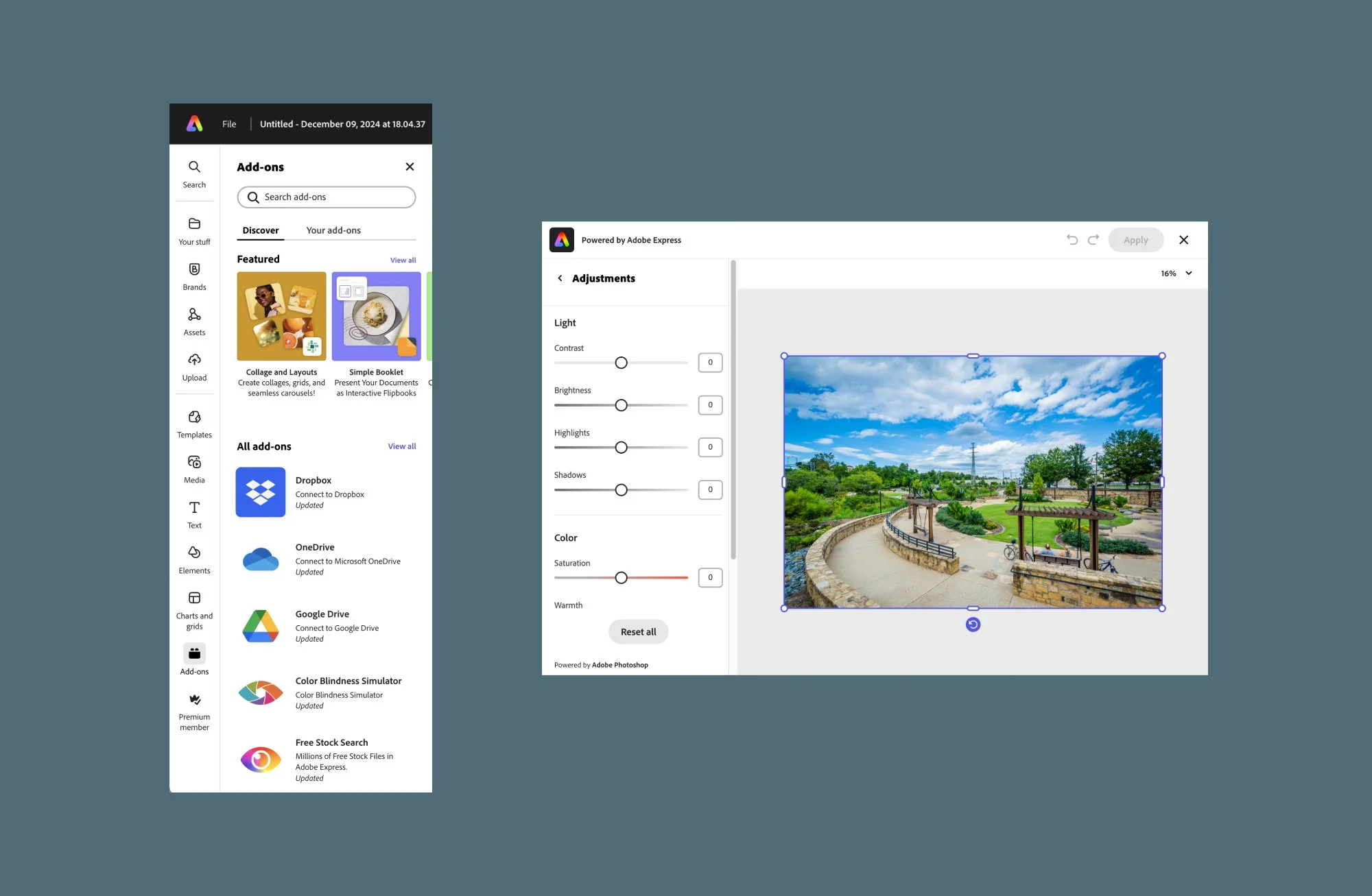 Adobe Express Add-ons panel listing Dropbox, OneDrive, Google Drive, and more, next to a photo being adjusted in the Photoshop-powered editing panel.