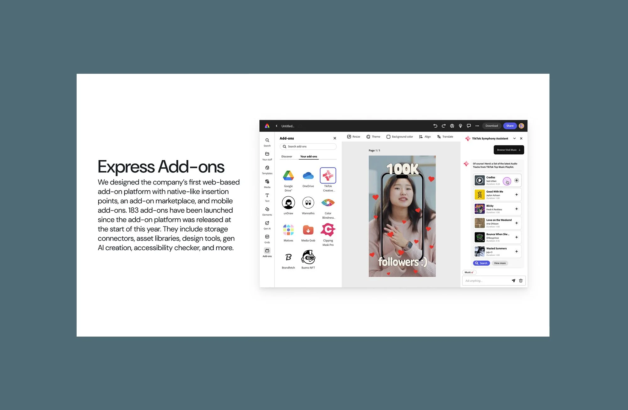 Case study slide titled 'Express Add-ons' describing the company's first web-based add-on platform, next to the Express editor with a TikTok add-on open.