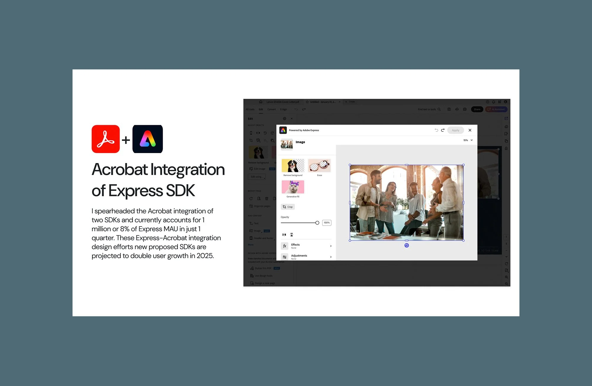 Case study slide titled 'Acrobat Integration of Express SDK,' next to Adobe Acrobat with the Express image-editing panel open over a group photo.