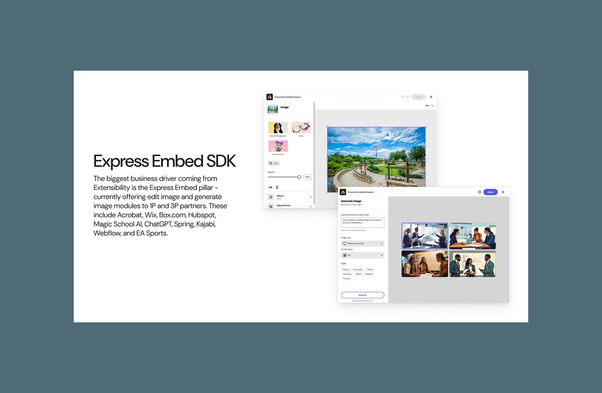 Case study slide titled 'Express Embed SDK,' next to the Express editor's image panel and a generative-image tool producing AI-generated illustrations.