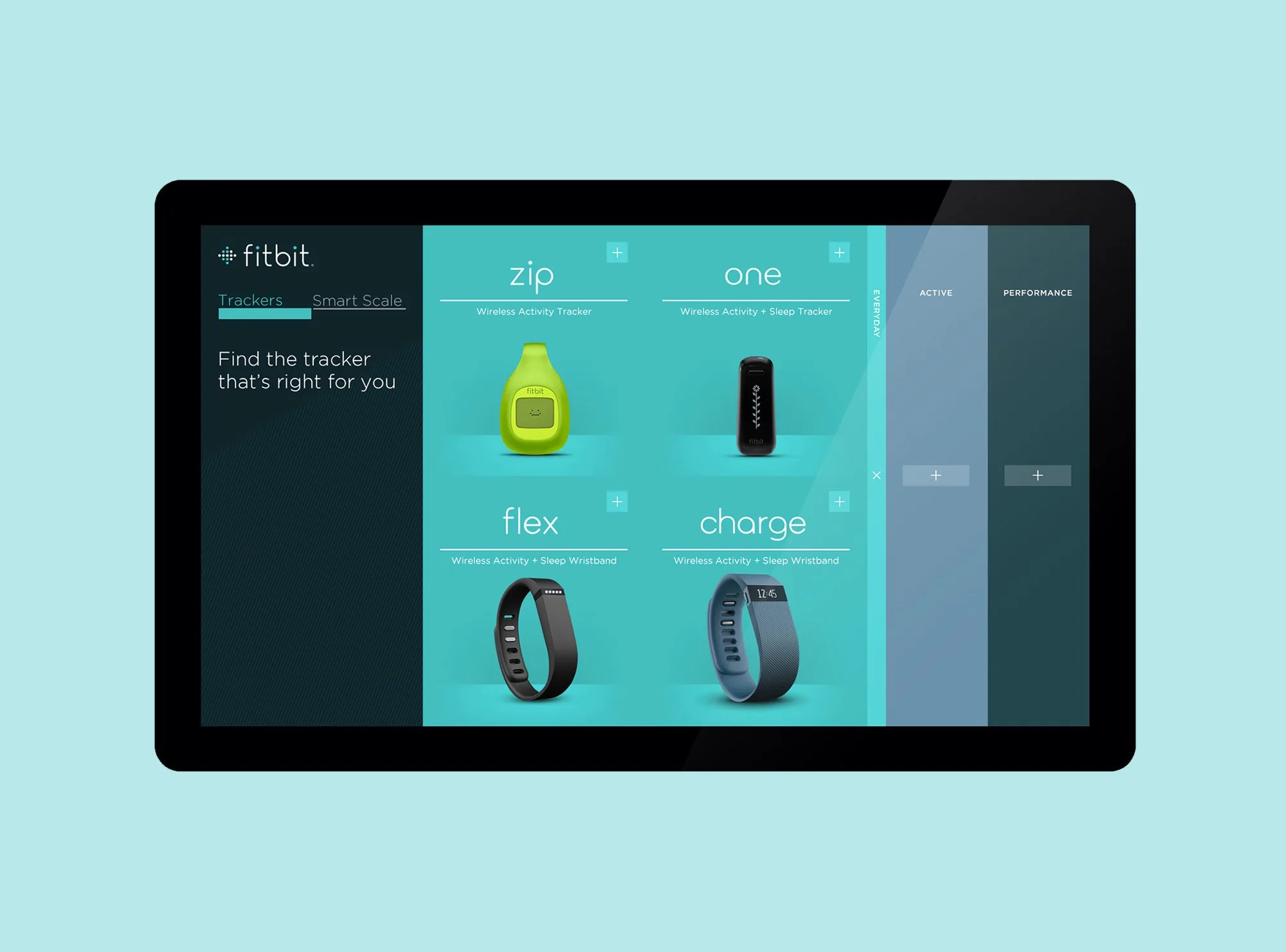 Product selection screen listing the Zip, One, Flex, and Charge trackers with Everyday, Active, and Performance categories.