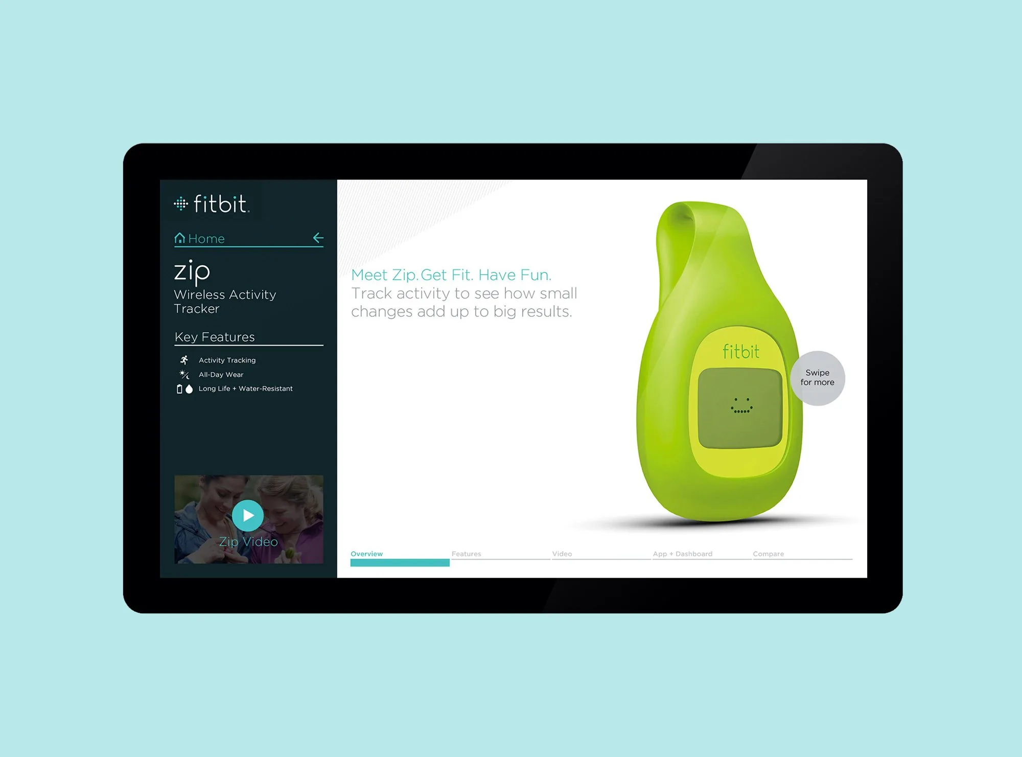 Zip product overview with the headline 'Meet Zip. Get Fit. Have Fun.', a key features list, a product video, and section tabs for Overview, Features, Video, App + Dashboard, and Compare.