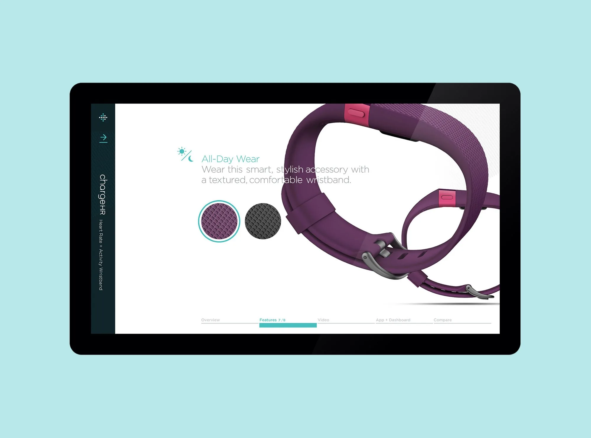 Charge HR features screen on All-Day Wear, showing a textured wristband in two color options.
