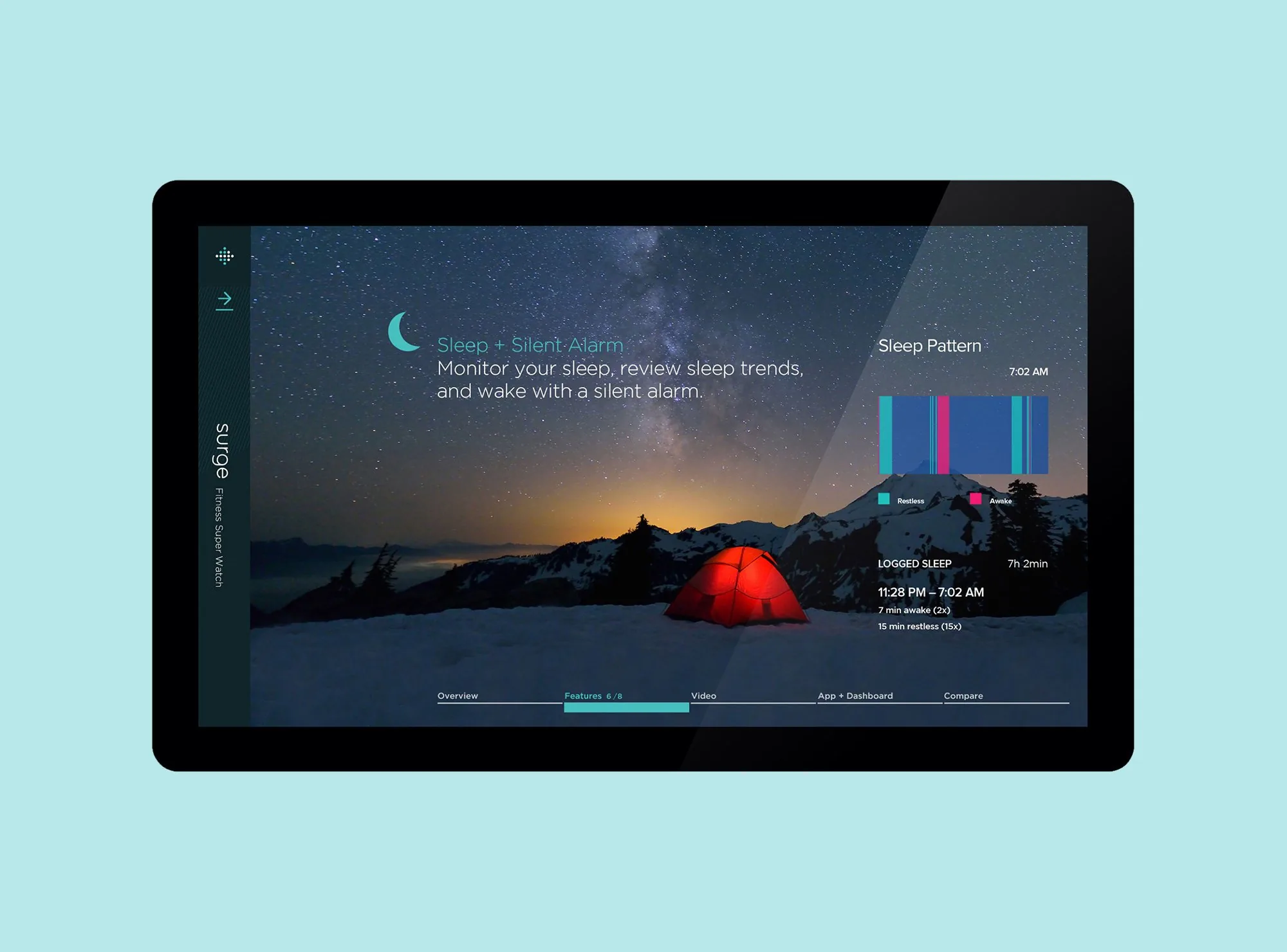 Surge features screen on Sleep and Silent Alarm, with a starry mountain camp photo and a sleep pattern chart.