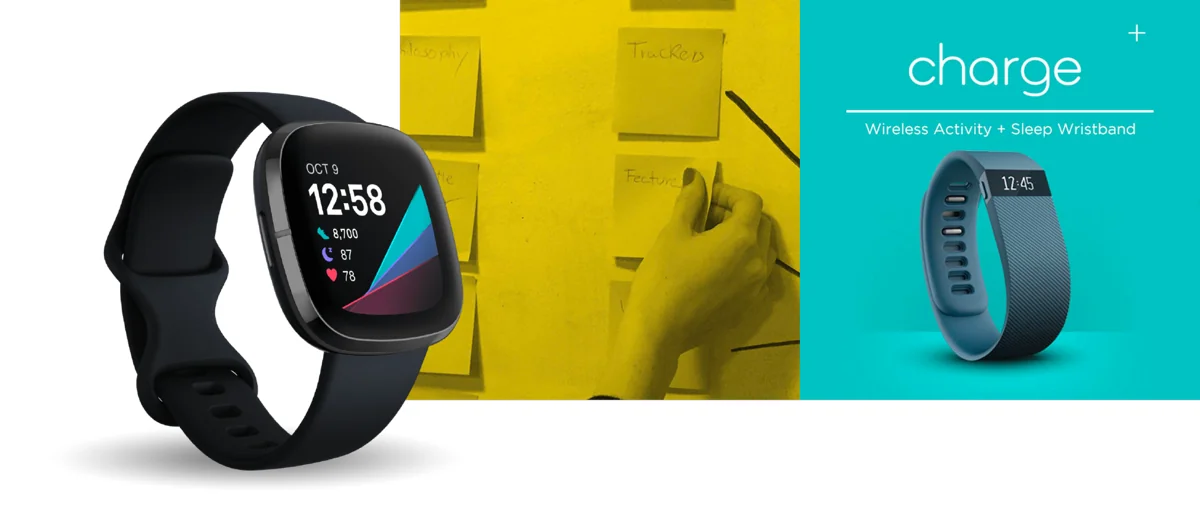 Collage of a Fitbit Sense smartwatch, a hand placing sticky notes labeled Trackers and Features during a workshop, and the Charge product screen from the in-store app.