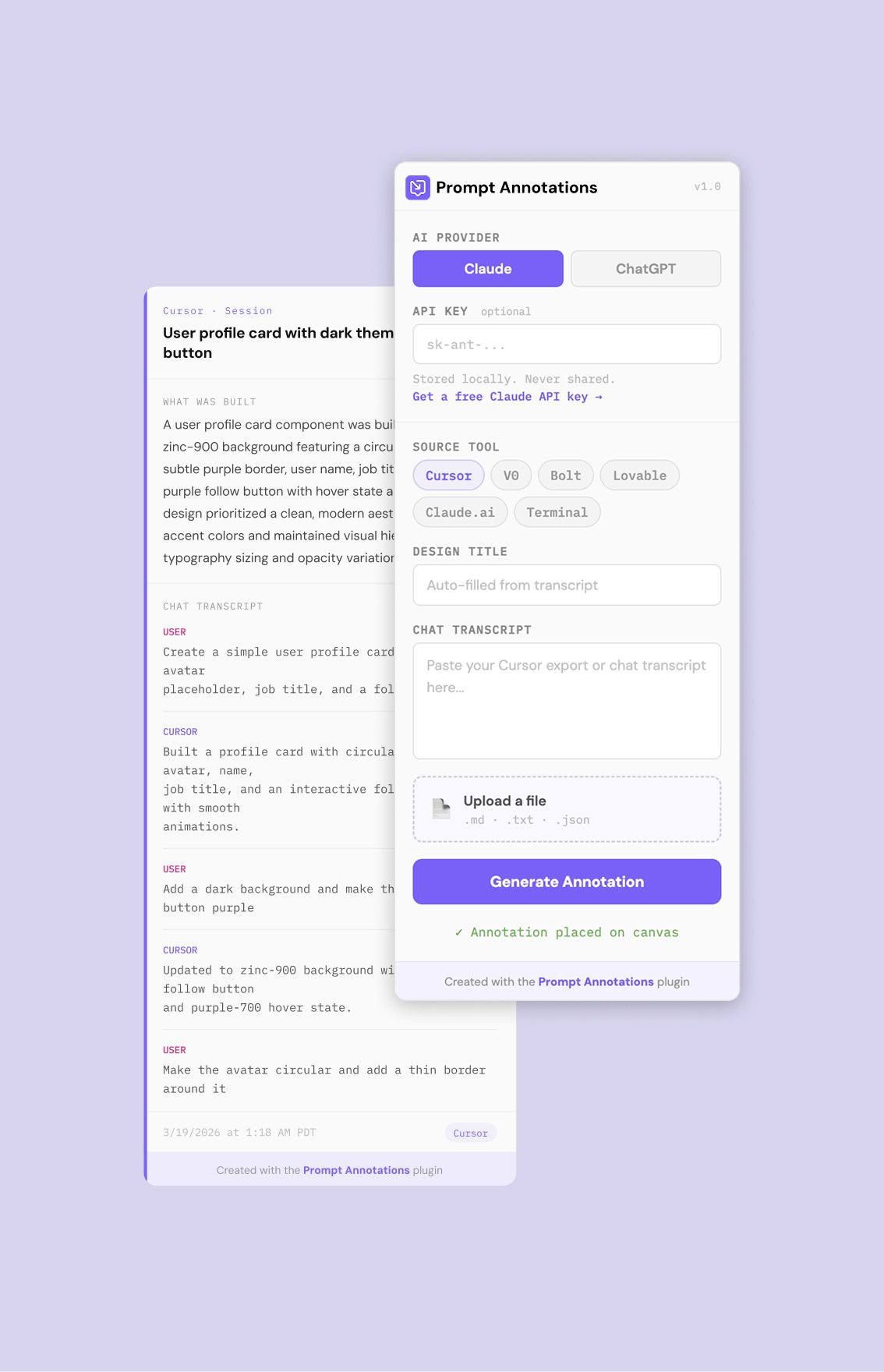 Figma file showing the Prompt Annotations plugin's annotation frame next to a design, capturing a vibe coding chat transcript and AI summary.