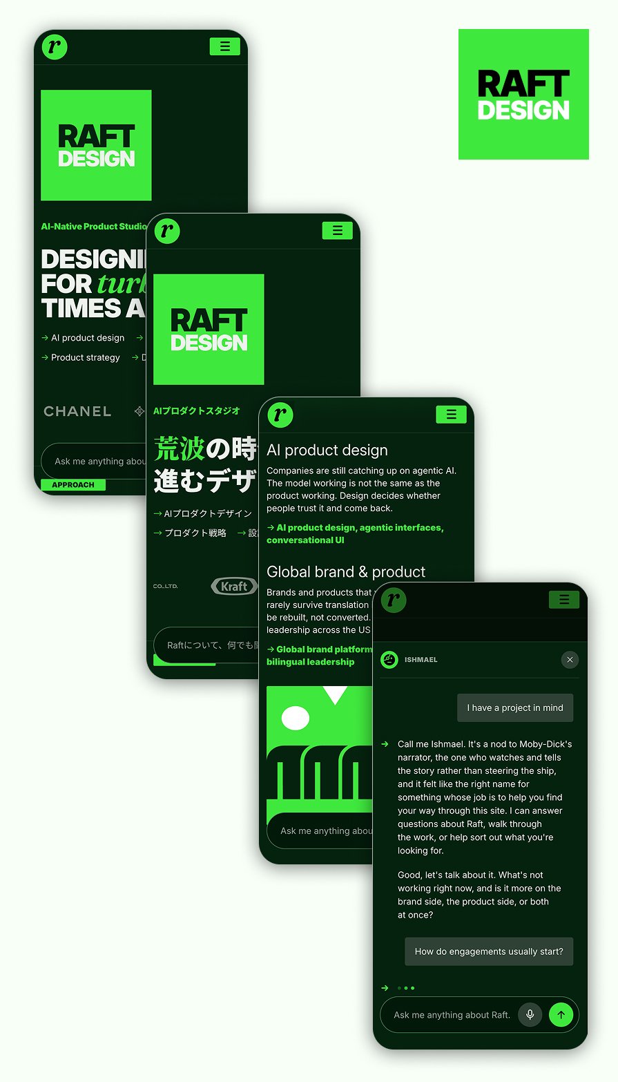 Four phone screens showing the Raft Design website's bilingual homepage, Japanese homepage, services page, and the Ishmael AI chat assistant.