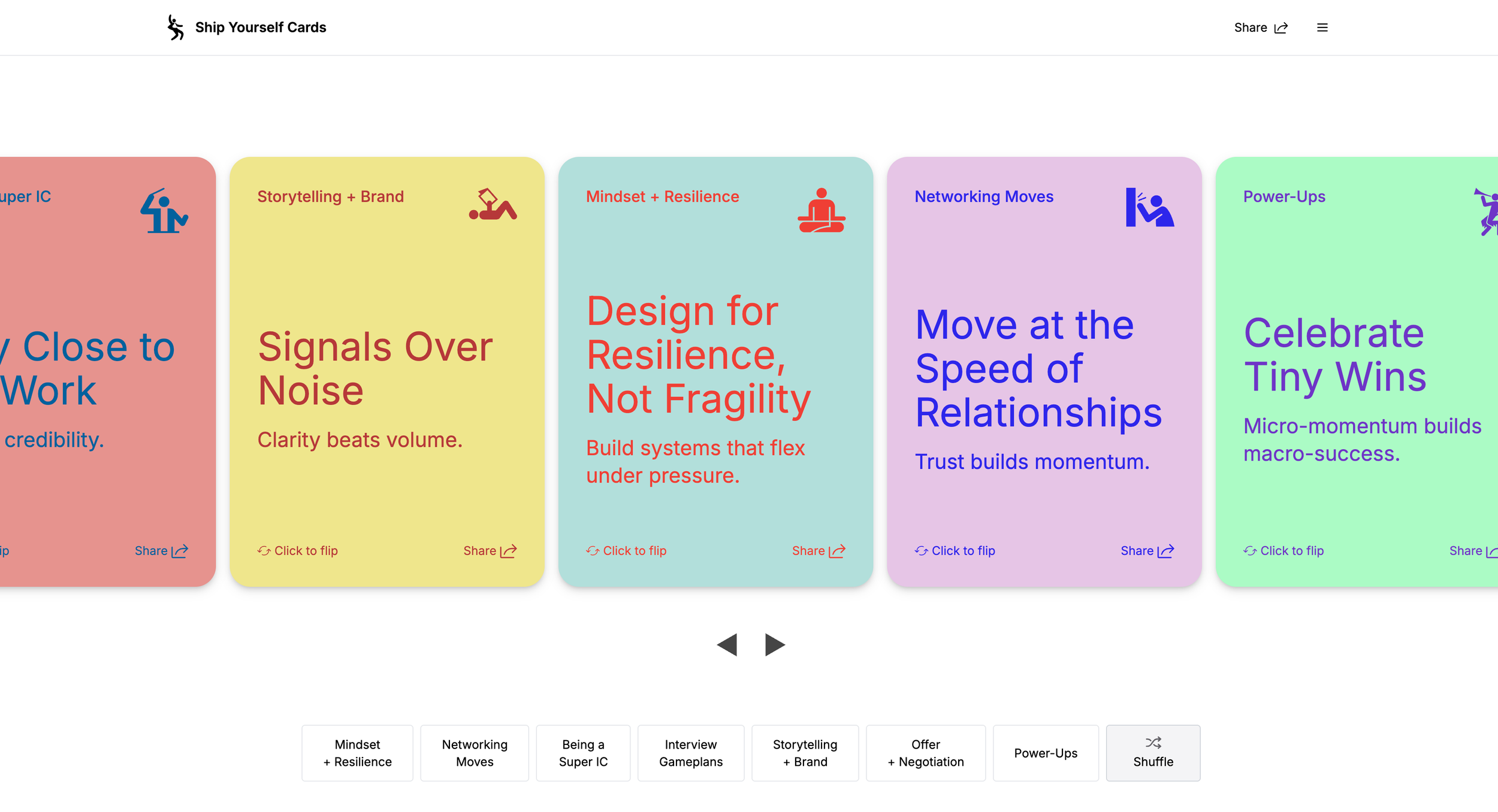 Ship Yourself Cards app showing a deck of flippable career cards, including 'Plant Seeds Before You Need Them' and 'Ship the Story, Not Just the Screens.'