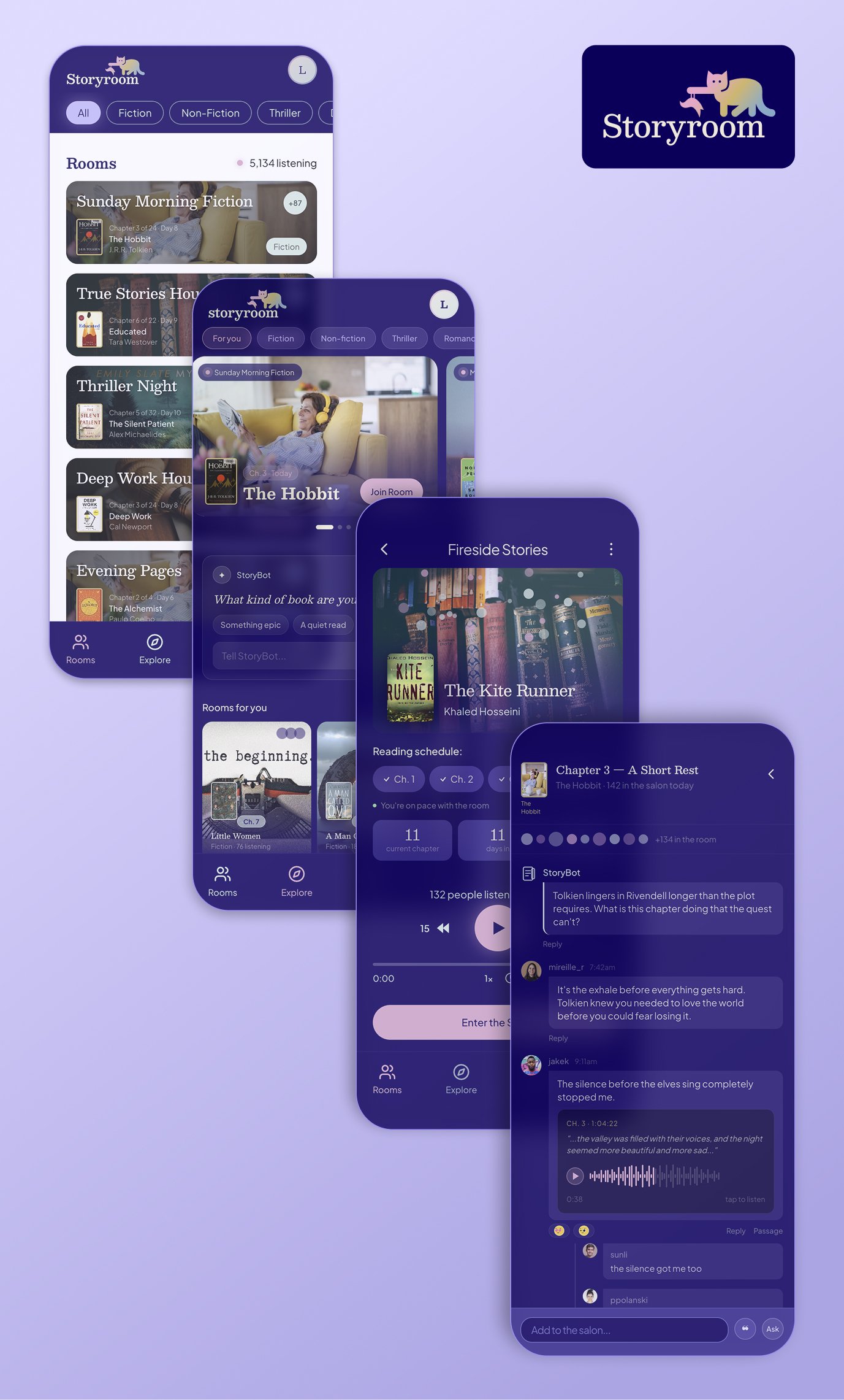 Mobile app concept screen for Storyroom, a synchronous book club app, showing a shared reading passage and AI-surfaced context.