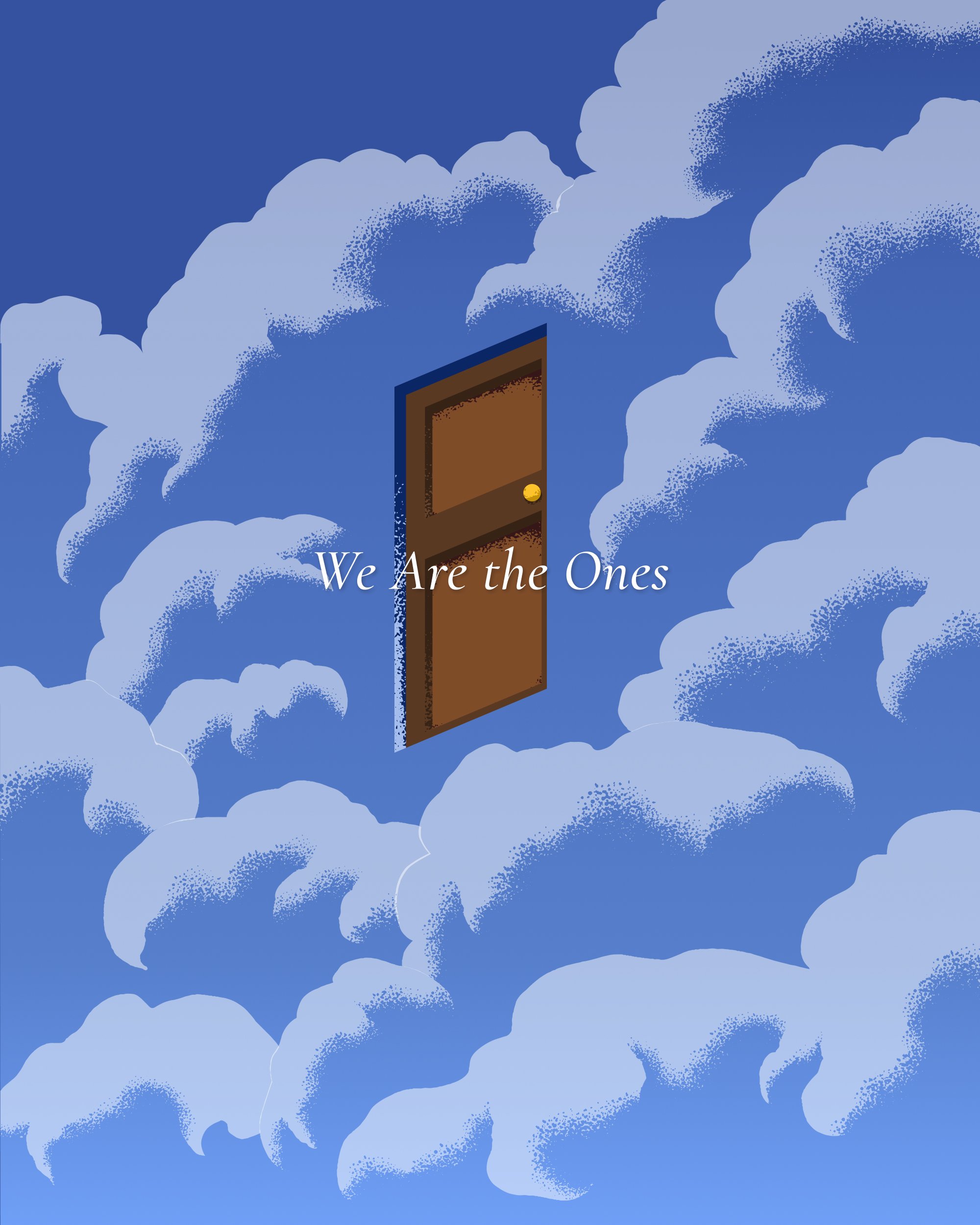 A golden door opening onto an open sky, the opening scene of We Are the Ones, an interactive art experience.