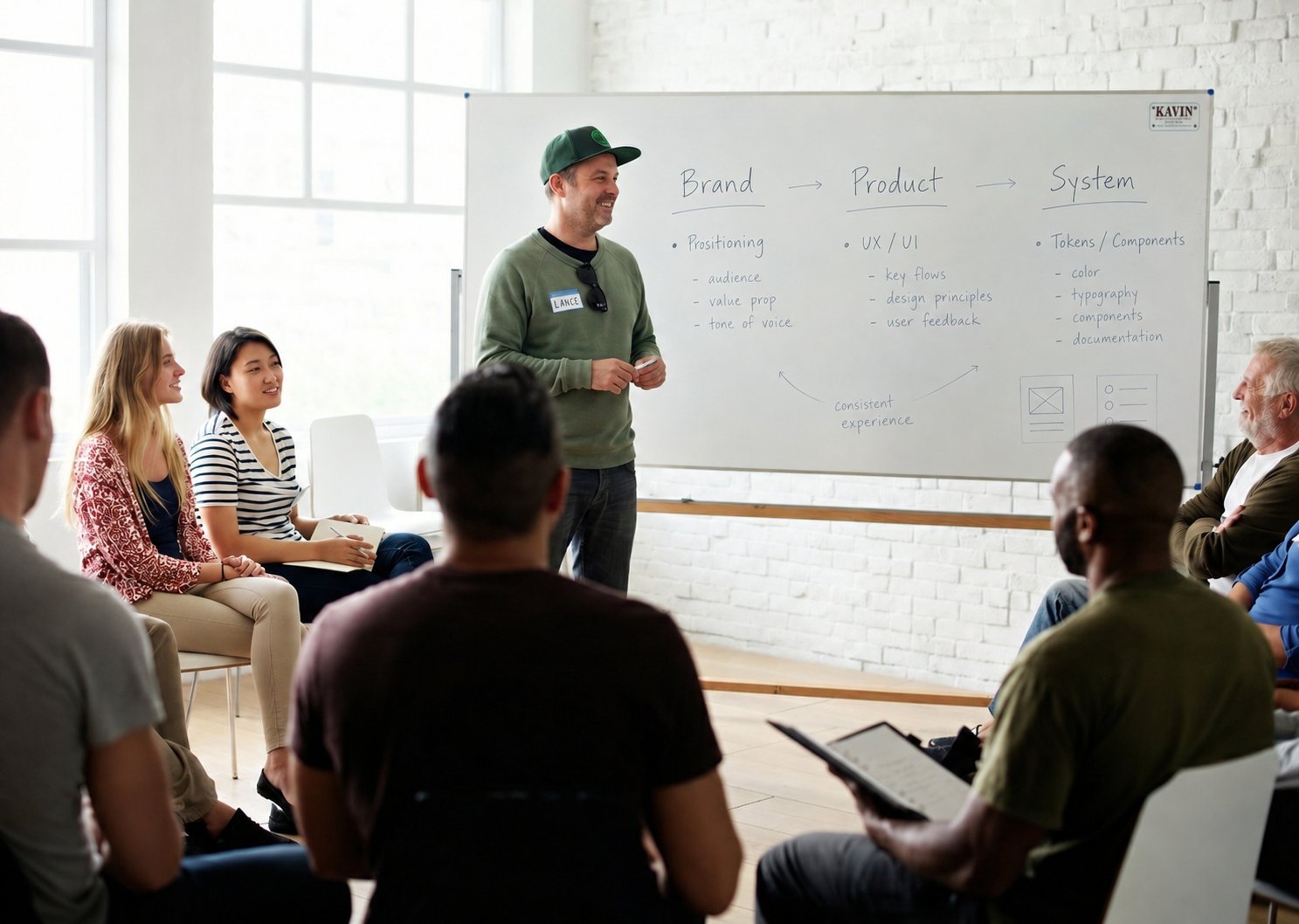 Lance Shields, wearing a green cap, standing beside a whiteboard sketched with “Brand → Product → System” while speaking with a seated group in a bright workshop space