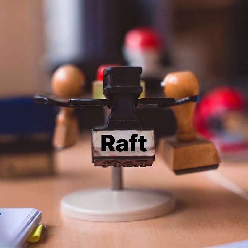 木製の「Raft」ゴム印がデスクの上に他のスタンプと共に置かれている。