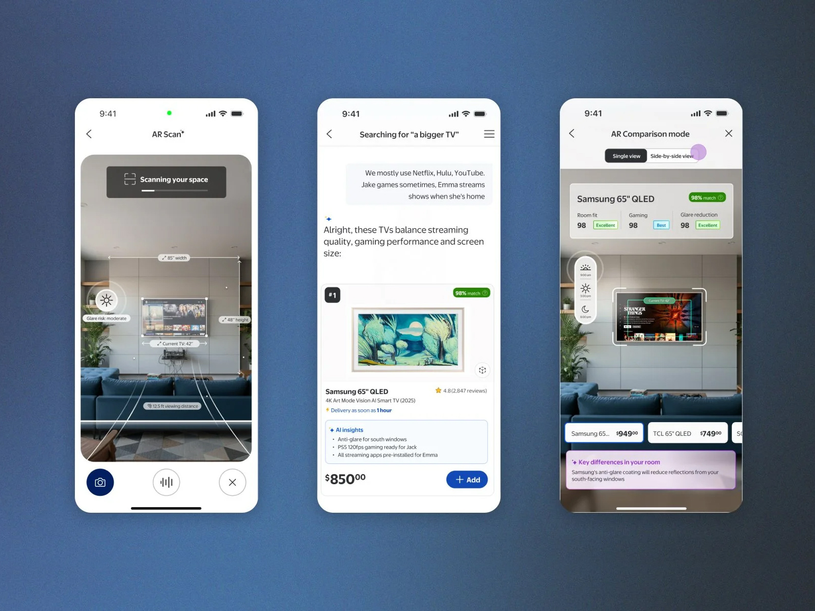 AIを活用したARショッピングのコンセプトを示す3つのスマートフォン画面。部屋のスキャン、AIによる商品検索、AR比較表示。