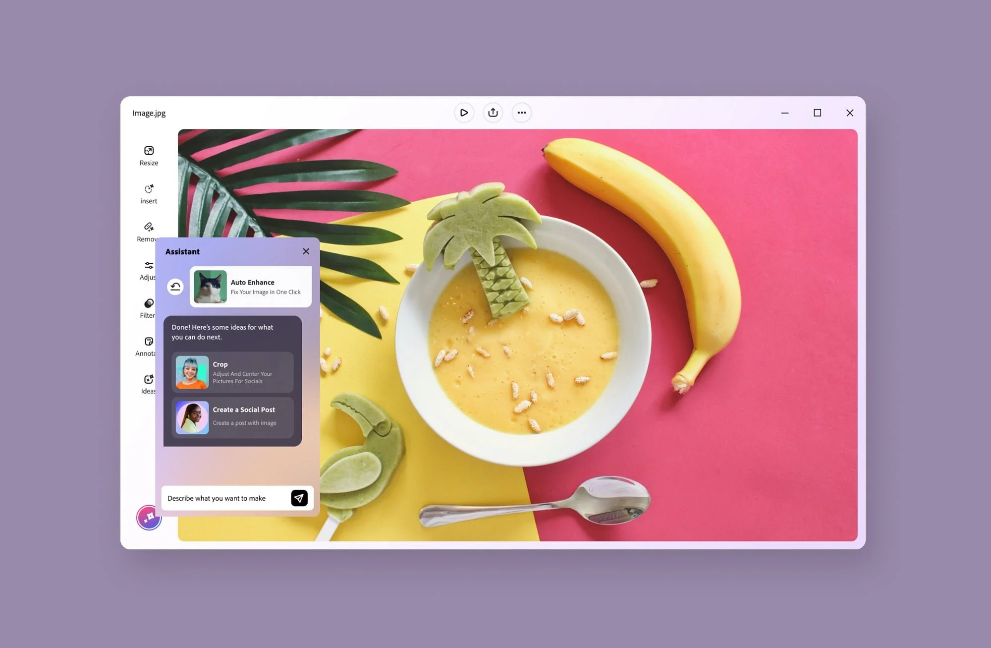 Adobe Expressの編集画面。自動補正や作成提案を表示するAIアシスタントパネルが開いている。
