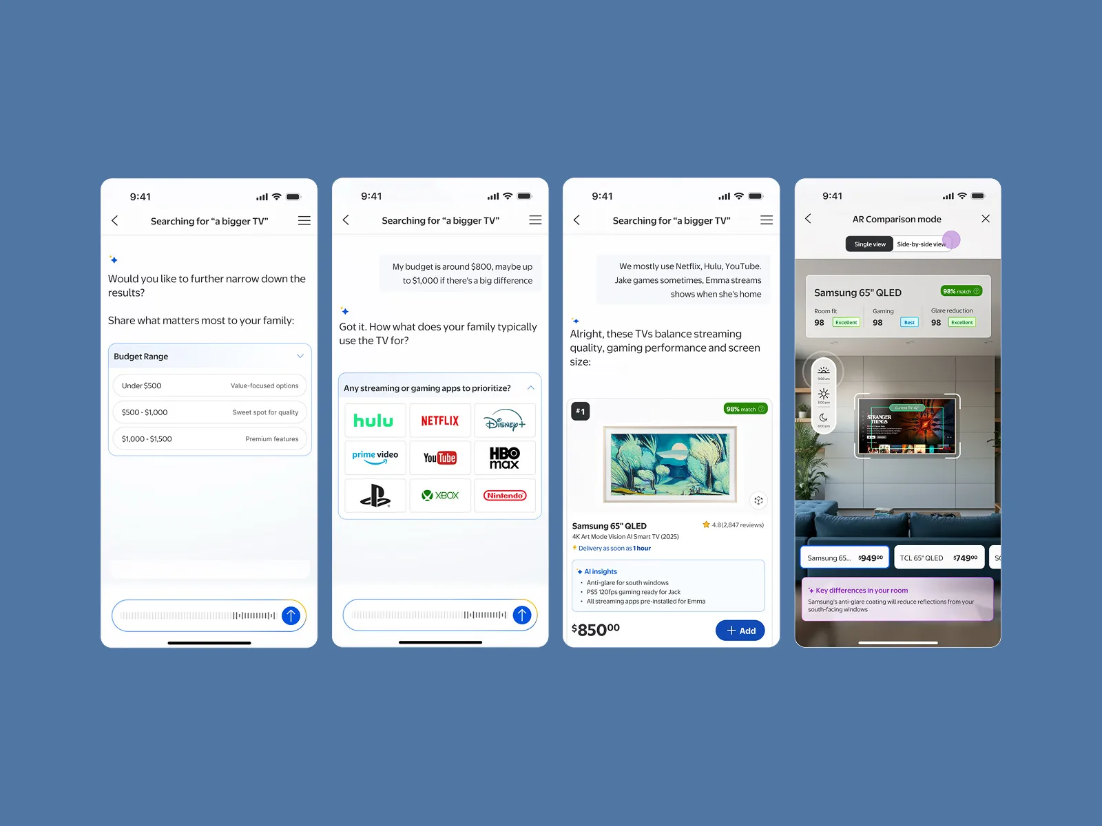 Walmart AI shopping wizard: budget and usage questions leading to a TV recommendation with AR comparison