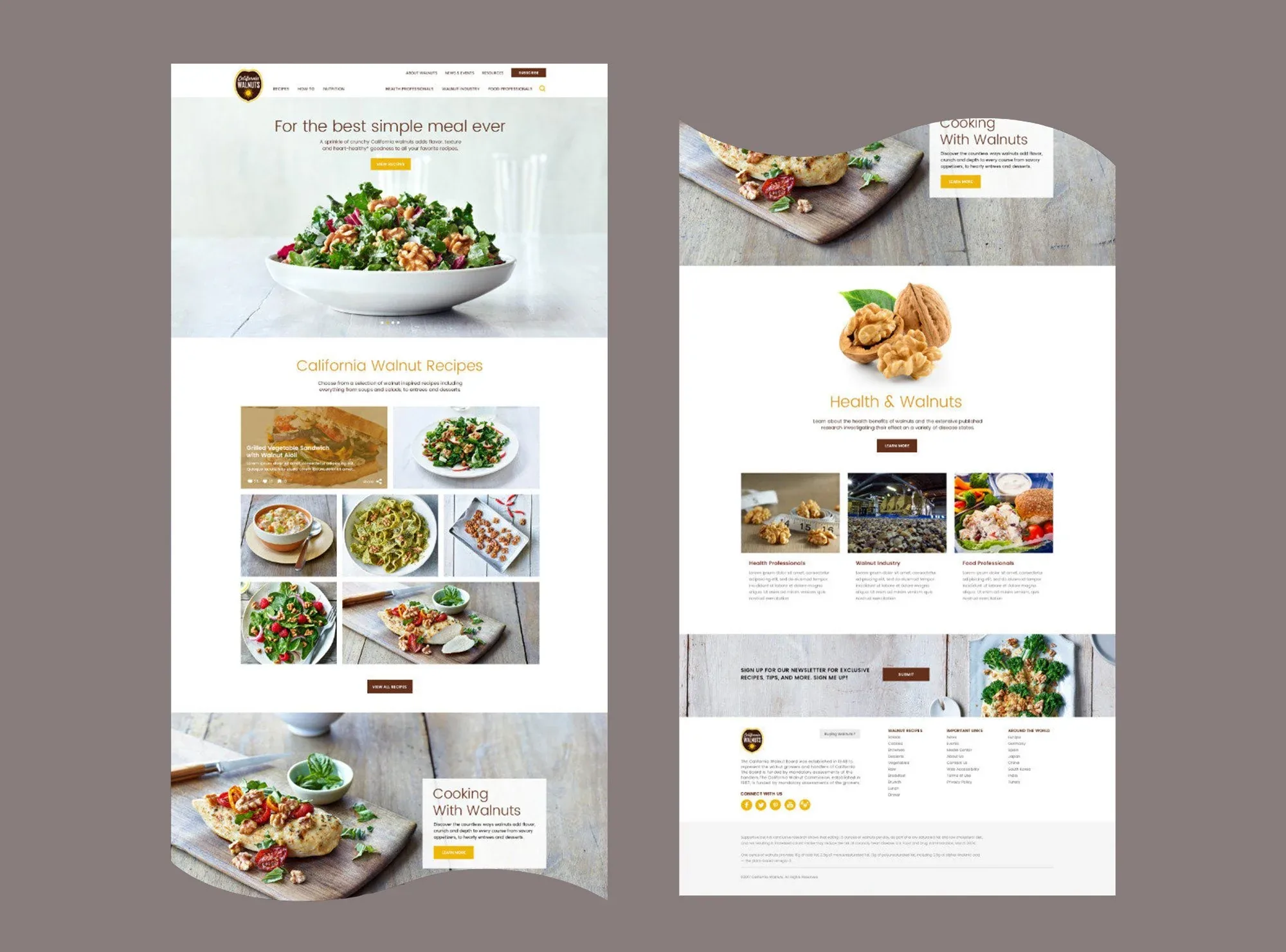 Homepage and Health & Walnuts page layouts, showing featured recipes, a Cooking With Walnuts promo, and research and resource cards.