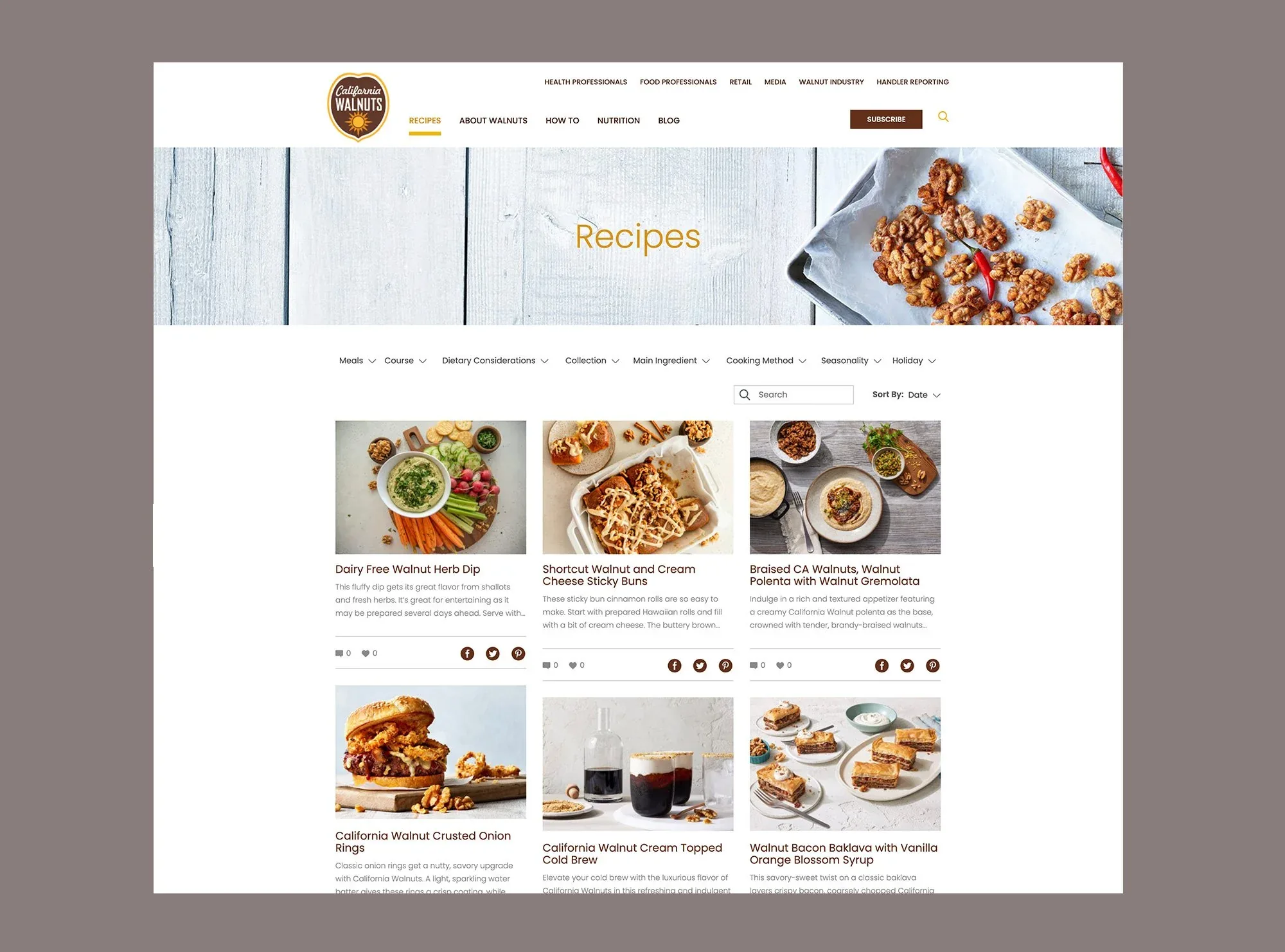 Recipes landing page with a filter bar for meal, course, dietary considerations, and more above a grid of recipe cards.