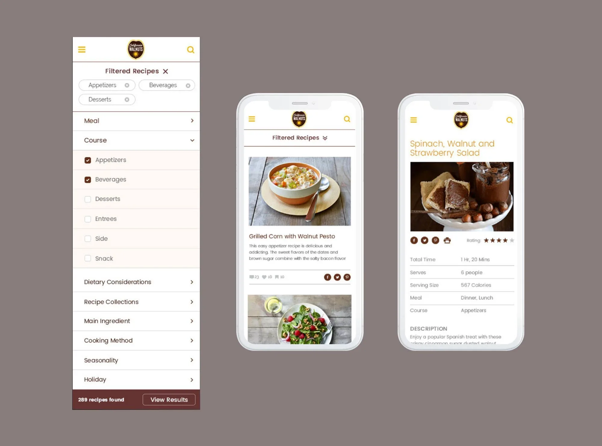 Mobile screens showing the recipe filter menu, a filtered recipe list, and a recipe page for Spinach, Walnut and Strawberry Salad.